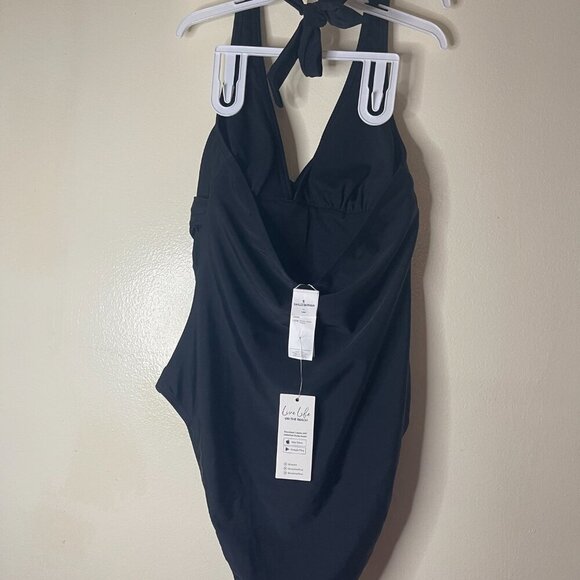 Black Halter One-Piece Swimsuit with Rushed Front & Tie Neck by Smismivo, S NWT. - Picture 3 of 6